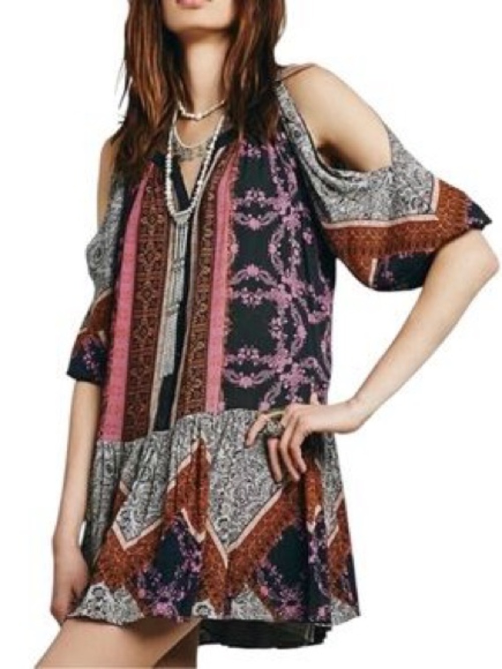 Free People Multicolor Floral Stripe Cold-Shoulder Tunic